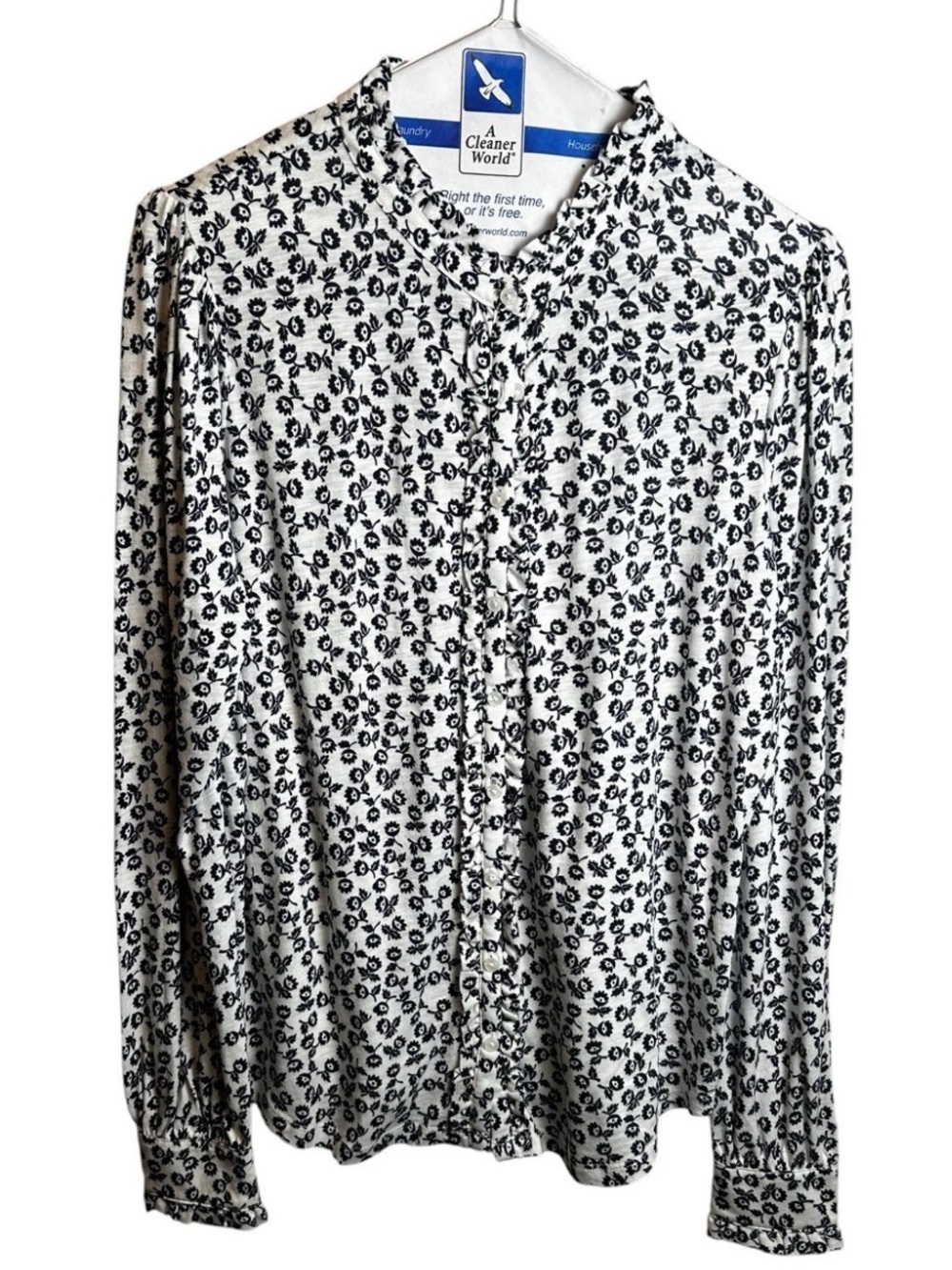 Boden White Blue Floral Ditsy Ruffle Neck Cotton Blouse Size 10